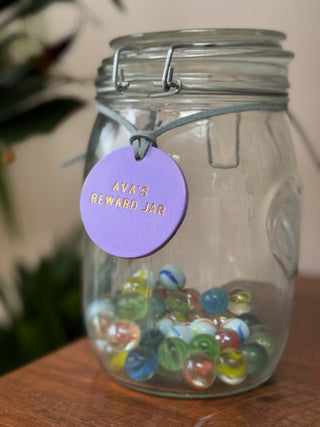 Personalised Leather Reward Jar Label For Kids, Children Treat Tin Tag.
